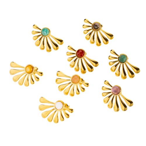 304 Stainless Steel Stud Earring, with Gemstone, Flower, gold color plated, different materials for choice & for woman, 30x18mm, 10Pairs/Bag, Sold By Bag