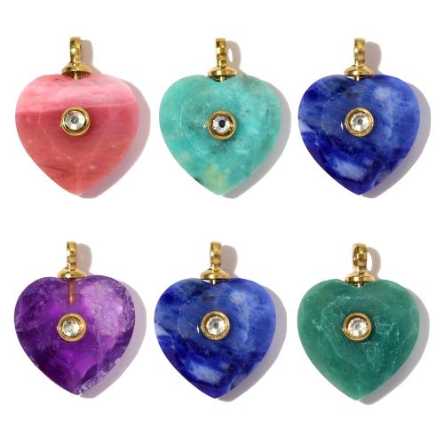 Gemstone Pendants Jewelry, 304 Stainless Steel, with Gemstone, Heart, gold color plated, DIY & with rhinestone, more colors for choice, 12x16mm, 3PCs/Bag, Sold By Bag