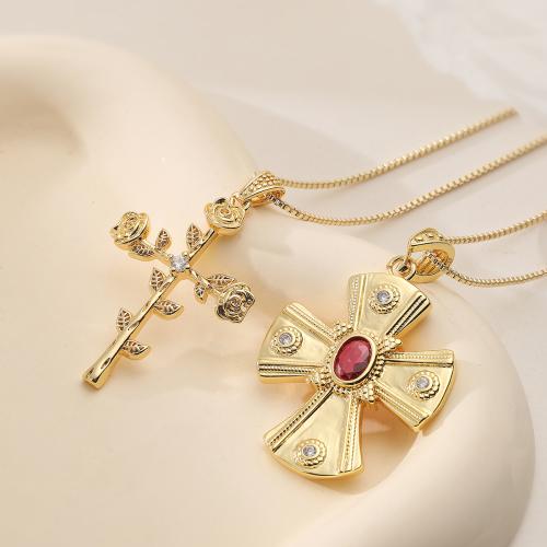 Brass Necklace, with 5cm extender chain, Cross, gold color plated, different styles for choice & micro pave cubic zirconia & for woman, Length:Approx 45 cm, Sold By PC