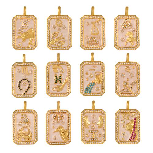 Cubique Pendentif en laiton zircon pavent, 12 Signes du Zodiaque, Placage de couleur d'or, DIY & styles différents pour le choix & pavé de micro zircon & émail, 14x25mm, Vendu par PC