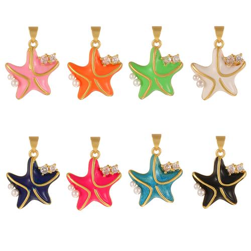 Cubic Zirconia Micro Pave Brass Pendant, with Plastic Pearl, Starfish, gold color plated, DIY & micro pave cubic zirconia & enamel, more colors for choice, 20x22mm, Sold By PC