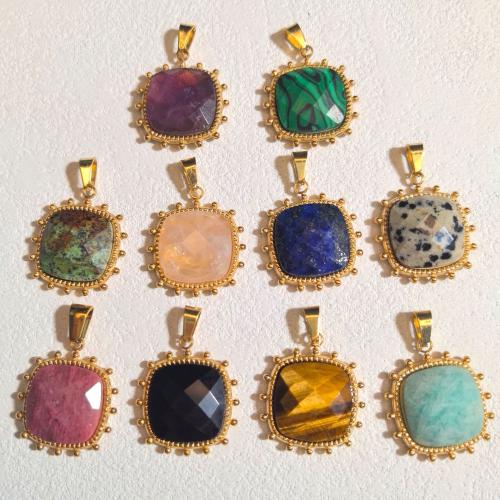 Gemstone Pendants Jewelry, with 304 Stainless Steel, Square, gold color plated, DIY & different materials for choice & faceted, 19mm, Sold By PC