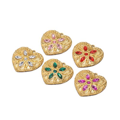 Stainless Steel Heart Pendants, 304 Stainless Steel, gold color plated, DIY & with rhinestone, more colors for choice, 34x34mm, 3PCs/Bag, Sold By Bag