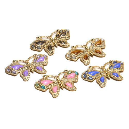 Stainless Steel Animal Pendants, 304 Stainless Steel, Butterfly, gold color plated, DIY & enamel & with rhinestone, more colors for choice, 64x38mm, 10PCs/Bag, Sold By Bag