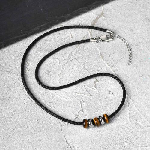 304 Stainless Steel Necklace, with PU Leather & Tiger Eye, with 1.97inch extender chain, fashion jewelry & Unisex, Length:Approx 19.69 Inch, Sold By PC