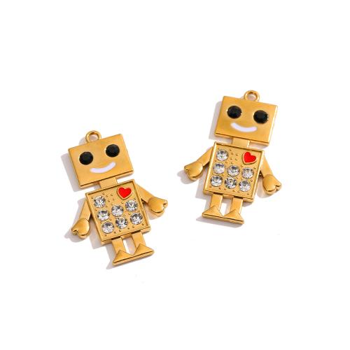 Stainless Steel Pendants, 304 Stainless Steel, Robot, gold color plated, DIY & enamel & with rhinestone, 29x43mm, Sold By PC