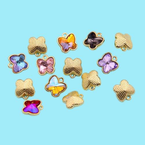 Crystal Pendants, Tibetan Style, with Crystal, Butterfly, gold color plated, random style & DIY, mixed colors, 13x12x7mm, 100PCs/Bag, Sold By Bag
