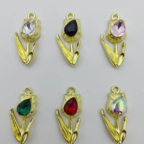 Crystal Pendants, Tibetan Style, with Crystal, Tulip, gold color plated, DIY, more colors for choice, 26x12x6mm, 100PCs/Bag, Sold By Bag