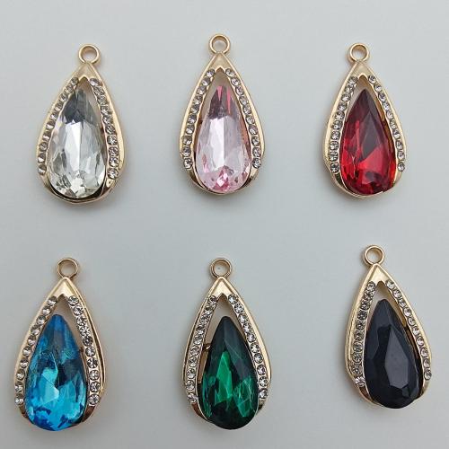 Glass Tibetan Style Pendant, with Glass, Teardrop, gold color plated, DIY & with rhinestone, more colors for choice, 28x14.60x5.90mm, 100PCs/Bag, Sold By Bag