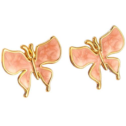 304 Stainless Steel Stud Earring, Butterfly, gold color plated, for woman & enamel, more colors for choice, 28x25mm, Sold By Pair