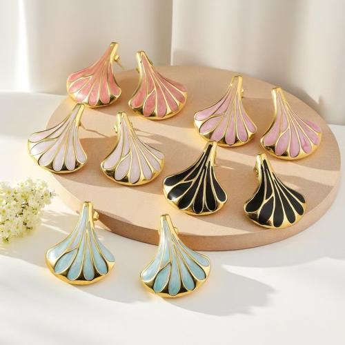 Нержавеющая сталь 304 Сережка-гвоздик, Веер, плакирован золотом, Женский & эмаль, Много цветов для выбора, 22x26mm, продается Пара