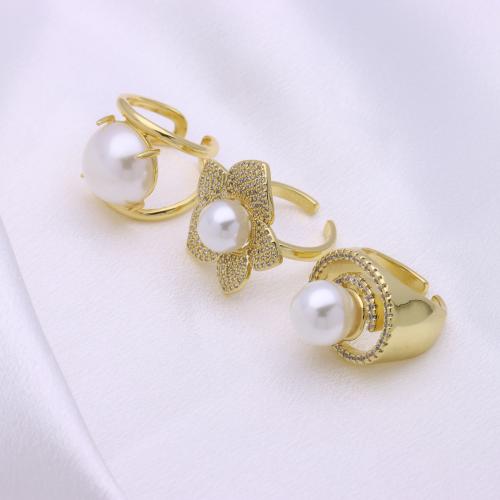 Cubic Zirconia Micro Pave Brass Ring, with Plastic Pearl, gold color plated, adjustable & different styles for choice & micro pave cubic zirconia & for woman, more colors for choice, Sold By PC