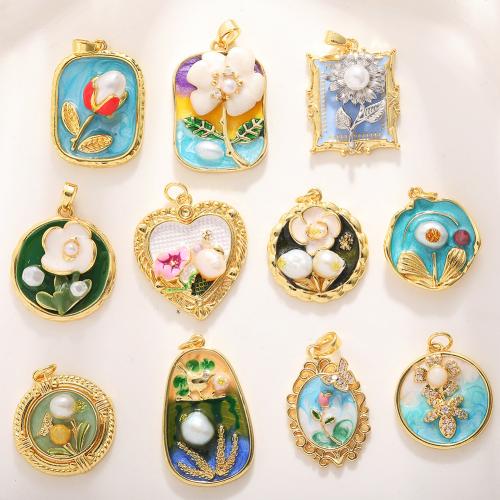 Brass Jewelry Pendants, with Plastic Pearl, real gold plated, DIY & different styles for choice & with flower pattern & enamel & with rhinestone, Sold By PC