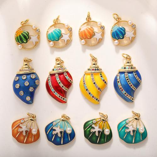 Brass Jewelry Pendants, with Plastic Pearl, real gold plated, ocean design & DIY & different styles for choice & micro pave cubic zirconia & enamel, Sold By PC