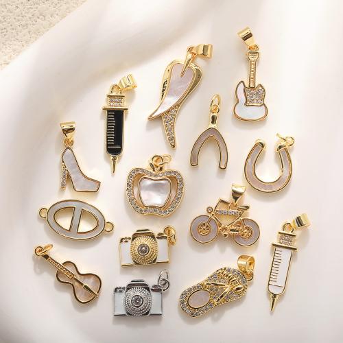 Brass Jewelry Pendants, with White Shell, plated, DIY & different styles for choice & micro pave cubic zirconia & enamel, Sold By PC