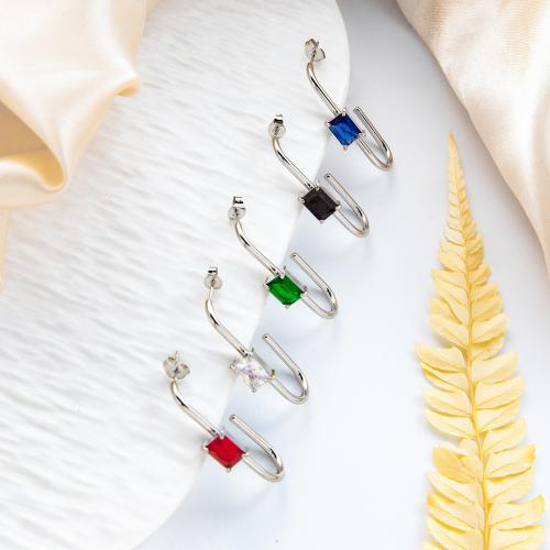 Stainless Steel Stud Earrings, for woman & with cubic zirconia, more colors for choice, 7x38mm, Sold By Pair