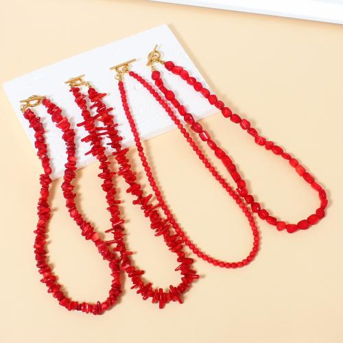 Coral Necklace, with 304 Stainless Steel, handmade, different styles for choice & for woman, red, beads size 4-8mm, Length:Approx 40 cm, Sold By PC