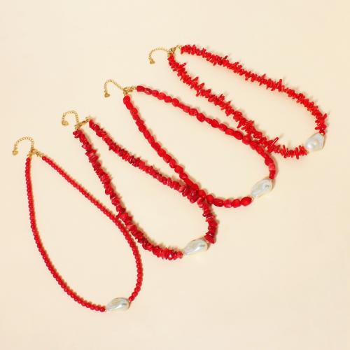 Coral Necklace, with Plastic Pearl & 304 Stainless Steel, handmade, different styles for choice & for woman, beads size 4-8mm, Length:Approx 40 cm, Sold By PC