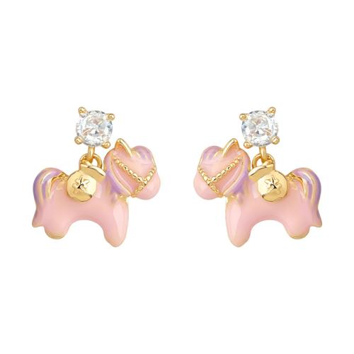 Boucles d'oreilles en laiton zircon cubique pavent, cheval, Placage de couleur d'or, pavé de micro zircon & pour femme & émail, rose, 13x16mm, Vendu par paire