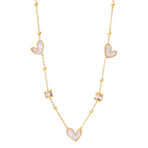 Titanium Steel Necklace, with White Shell, with 5cm extender chain, Heart, gold color plated, adjustable & micro pave cubic zirconia & for woman, 14x12mm, Sold Per Approx 41 cm Strand