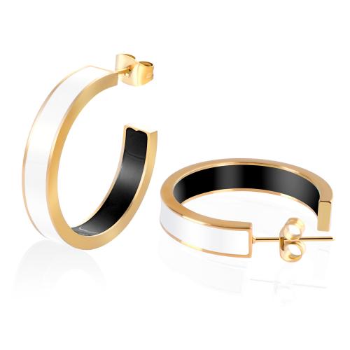 Stainless Steel Stud Earrings, gold color plated, for woman & enamel, white and black, 5x28mm, Sold By Pair