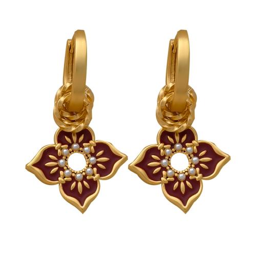 Huggie Hoop Drop Earring, Brass, with Plastic Pearl, gold color plated, for woman & enamel, red, 16x31mm, Sold By Pair