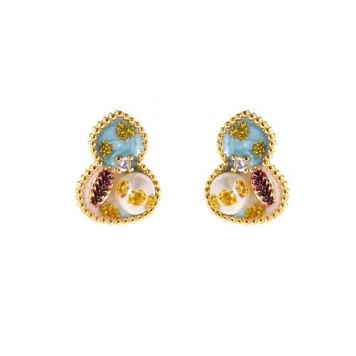 Brass Stud Earring, with Plastic Pearl, Calabash, gold color plated, for woman & enamel, multi-colored, 13x16mm, Sold By Pair