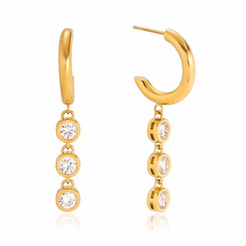 Stainless Steel Drop Earring, gold color plated, for woman & with cubic zirconia, 5.60x17.50x23mm, Sold By Pair