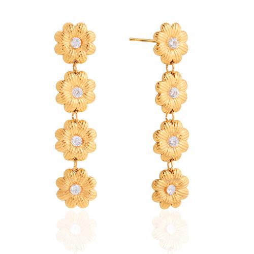 Stainless Steel Drop Earring, Daisy, gold color plated, for woman & with cubic zirconia, 11.60x50.40mm, Sold By Pair