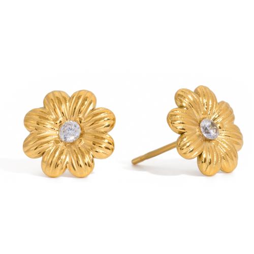 Stainless Steel Stud Earrings, Daisy, gold color plated, for woman & with cubic zirconia, 11.20mm, Sold By Pair