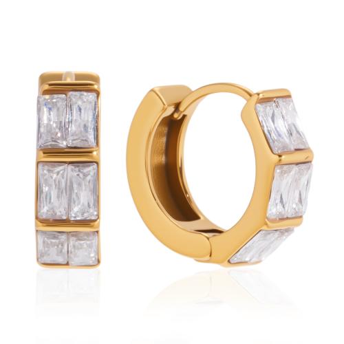 Stainless Steel Huggie Hoop Earring, gold color plated, for woman & with rhinestone, 4.90x13.80mm, Sold By Pair