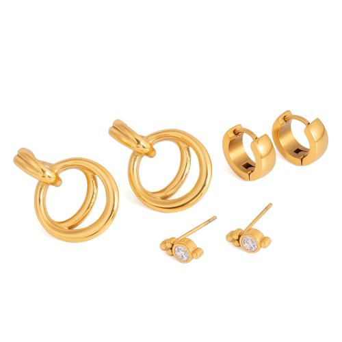 Stainless Steel Drop Earring, gold color plated, for woman & with cubic zirconia, 3Pairs/Set, Sold By Set
