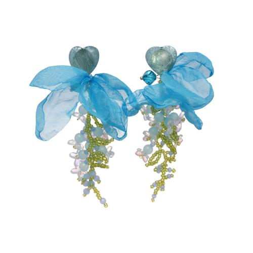 Earring Jewelry, Resin, with Chiffon & Glass, for woman, blue, 60x120mm, Sold By Pair