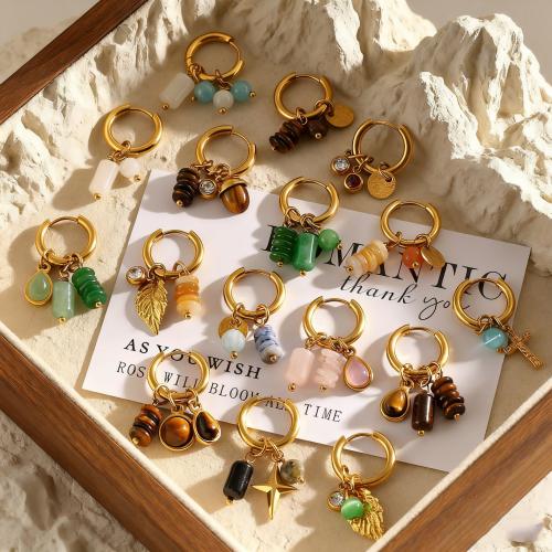 Natural Gemstone Earrings, Stainless Steel, with Gemstone, gold color plated, different styles for choice & for woman & with cubic zirconia, more colors for choice, Sold By Pair