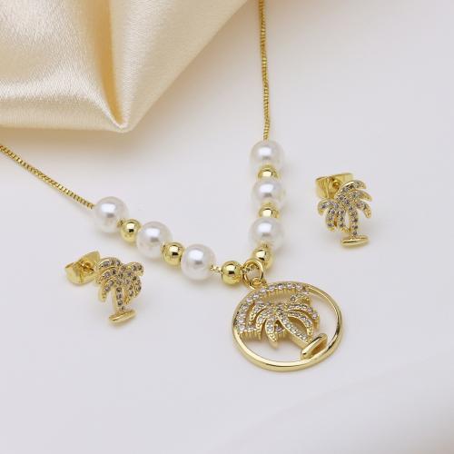 Cubic Zirconia Micro Pave Brass Jewelry Sets, with Plastic Pearl, gold color plated, different styles for choice & micro pave cubic zirconia & for woman, more colors for choice, Length:50 cm, Sold By Set