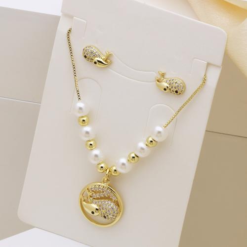 Cubic Zirconia Micro Pave Brass Jewelry Sets, with Plastic Pearl, gold color plated, different styles for choice & micro pave cubic zirconia & for woman, more colors for choice, Length:Approx 50 cm, Sold By Set