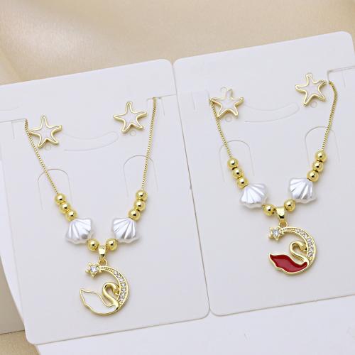 Cubic Zirconia Micro Pave Brass Jewelry Sets, with Plastic Pearl, gold color plated, different styles for choice & micro pave cubic zirconia & for woman & enamel, more colors for choice, Length:Approx 50 cm, Sold By Set