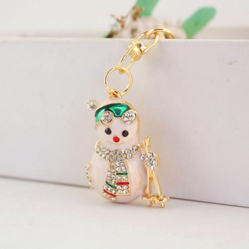Брелки для ключей, цинковый сплав, Снеговик, плакирован золотом, эмаль & со стразами, белый, 31x14x103mm, продается PC