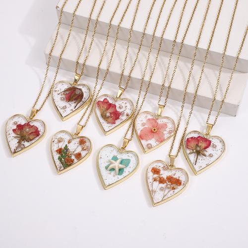 цинковый сплав Ожерелье, с Сухих цветов, Сердце, плакирован золотом, Женский & Эпоксидная стикер, длина:Приблизительно 49 см, продается PC