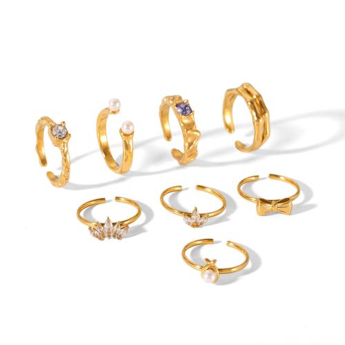 304 Stainless Steel Cuff Finger Ring, with Plastic Pearl, gold color plated, different styles for choice & micro pave cubic zirconia & for woman, Sold By PC