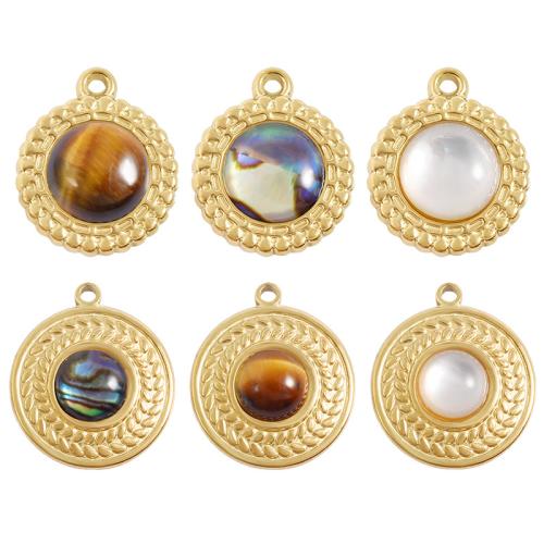 Gemstone Pendants Jewelry, 304 Stainless Steel, with Gemstone & Shell, Round, plated, DIY, more colors for choice, 10PCs/Bag, Sold By Bag