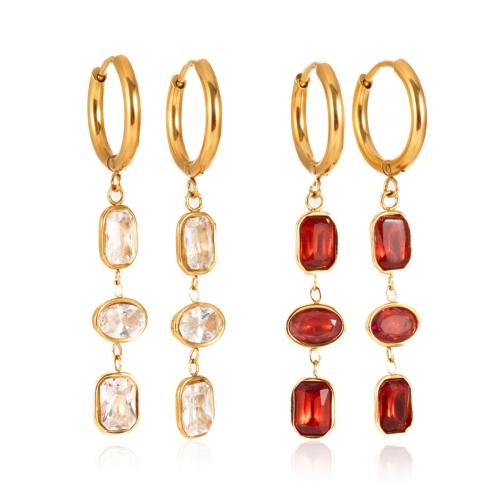 Huggie Hoop Drop Earring, Stainless Steel, with Cubic Zirconia, 18K gold plated, fashion jewelry & for woman, more colors for choice, 10.30x43.70mm, Sold By Pair