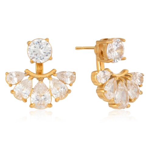 Stainless Steel Stud Earrings, with Cubic Zirconia, 18K gold plated, fashion jewelry & for woman, 17.50x18.20mm, Sold By Pair