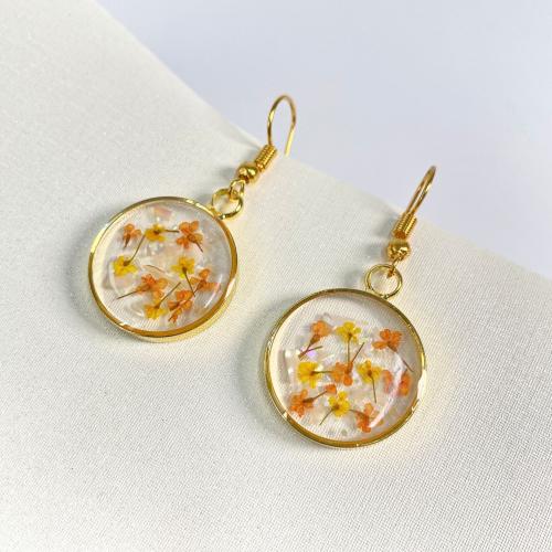 канифоль Сережка, с Сухих цветов & цинковый сплав, Плоская круглая форма, плакирован золотом, ювелирные изделия моды & Женский, продается Пара