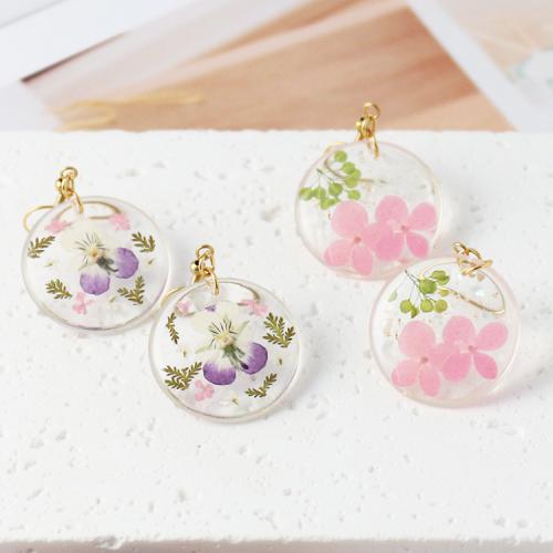 канифоль Сережка, с Сухих цветов & Нержавеющая сталь 304, Плоская круглая форма, эпоксидная смола, ювелирные изделия моды & Женский, Много цветов для выбора, 27x50mm, продается Пара