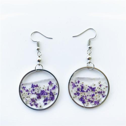 Resin Drop Earring, with Dried Flower & 304 Stainless Steel, Flat Round, fashion jewelry & for woman & epoxy gel, 30mm, Sold By Pair