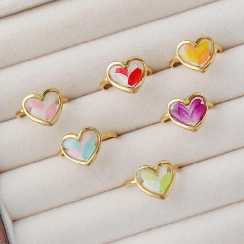 304 Stainless Steel Cuff Finger Ring, with Dried Flower & Resin, Heart, fashion jewelry & for woman & epoxy gel, more colors for choice, US Ring Size:7, Sold By PC