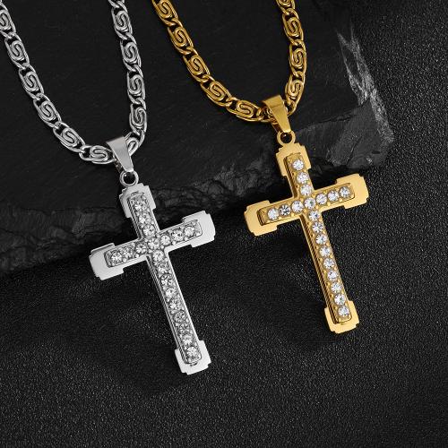 304 Edelstahl Halskette, Kreuz, plattiert, für Frau & mit Strass, keine, Länge:ca. 60 cm, verkauft von PC