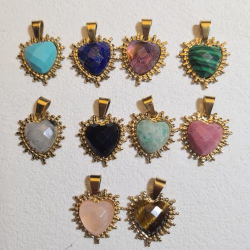Bijoux Pendentifs en pierres gemmes, Acier inoxydable 304, avec pierre gemme, coeur, Placage de couleur d'or, DIY & différents matériaux pour le choix & facettes, 10x15mm, Vendu par PC