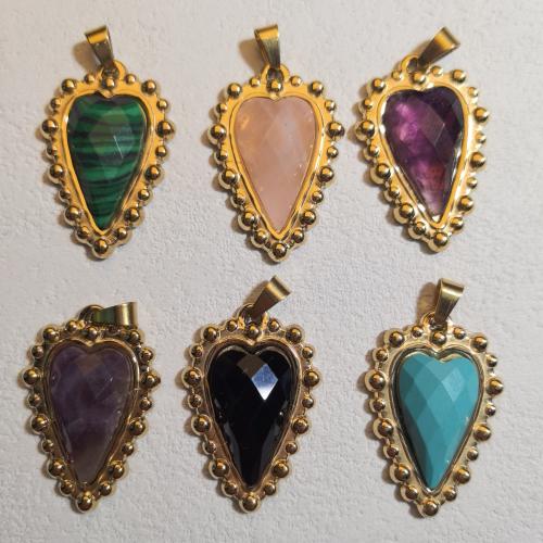 Bijoux Pendentifs en pierres gemmes, Acier inoxydable 304, avec pierre gemme, coeur, Placage de couleur d'or, DIY & différents matériaux pour le choix & facettes, 25mm, Vendu par PC